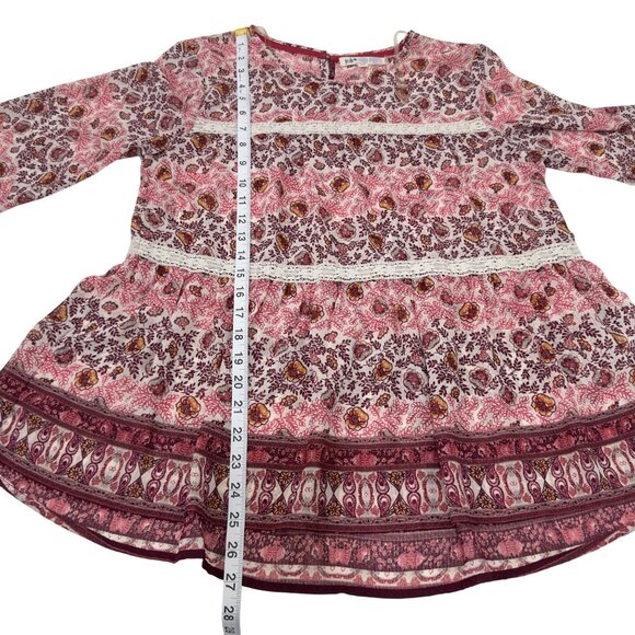 Jolt  Pink&Burgundy Bohemian Floral Long Sleeve Top Blouse SZ M Tiered Design - Picture 5 of 9